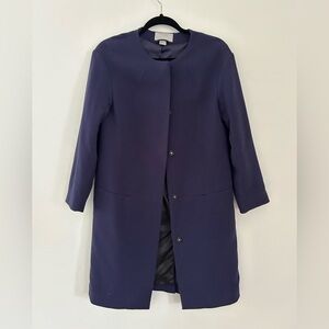 H&M Long Blue collarless button-front coat Jacket Blazer Size 2